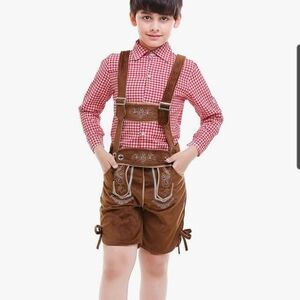 Kids Brown Octoberfest Lederhosen with Red Checkered Shirt Size Med